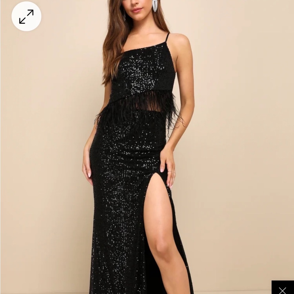 Lulu's Black Sequin/Feather Open Hem Formal Dress